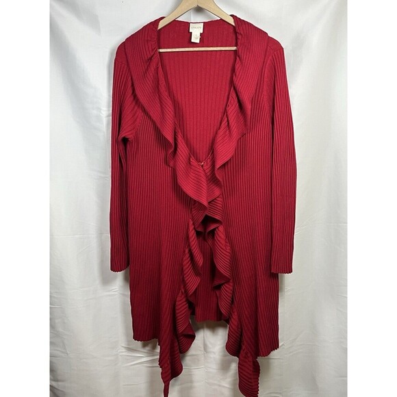 Chico red Biya Long cardigan ruffle rayon knit ribbed open front sweater size 1 - Picture 1 of 8